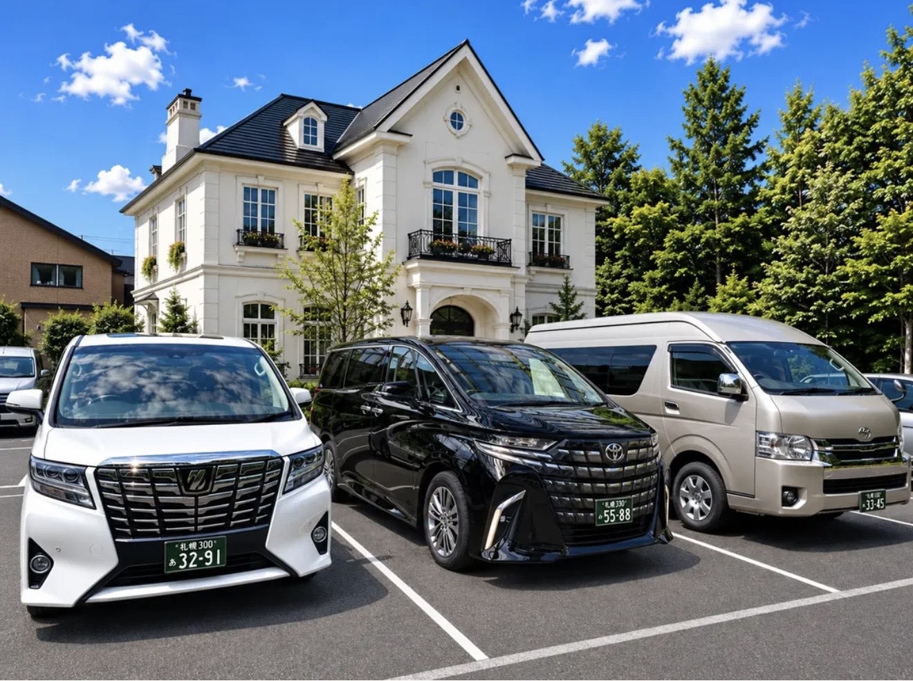 Hokkaido Compass fleet: two white Toyota Alphard and a champagne Toyota Hiace Grand Cabin outside a Sapporo villa